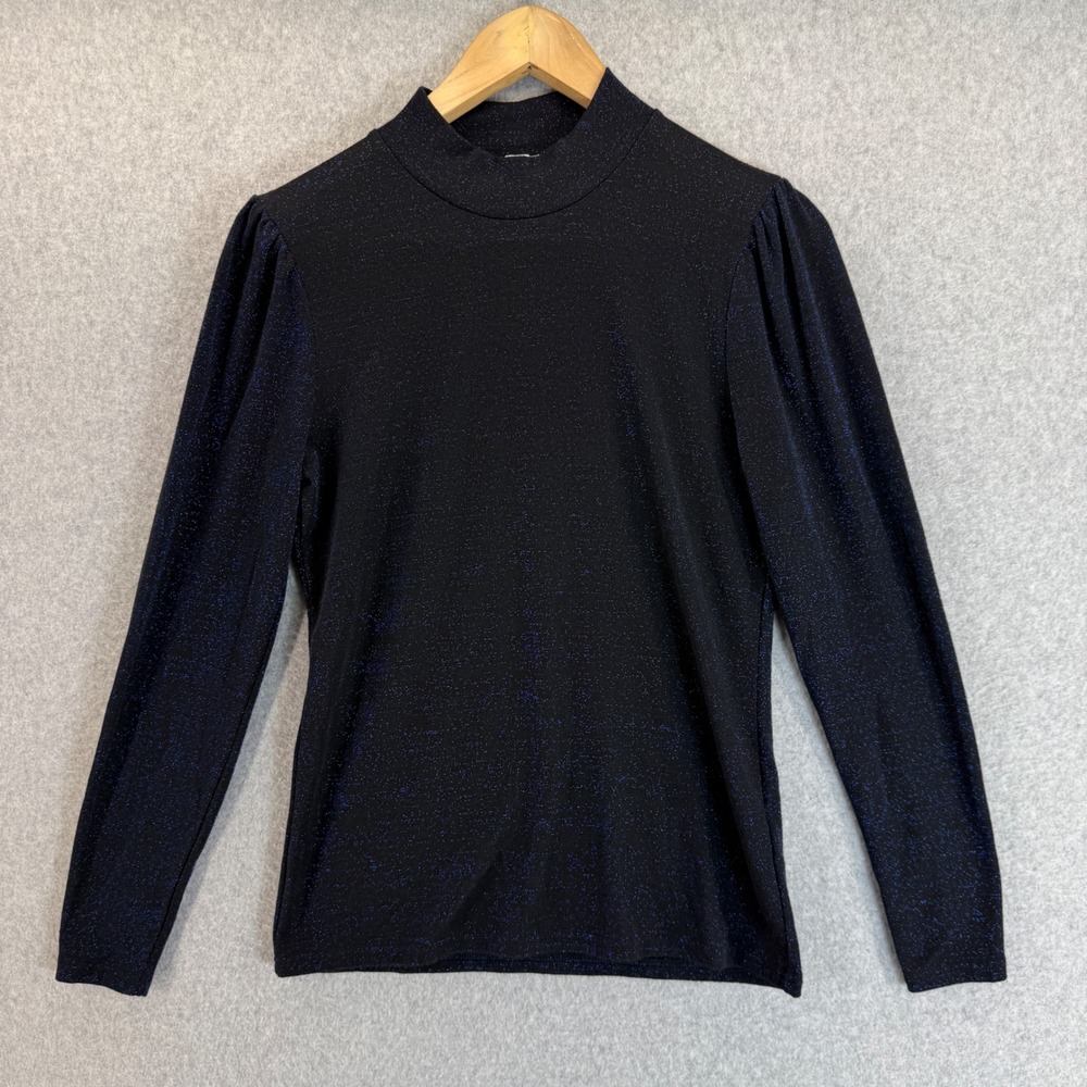 J.Crew Metallic Sparkle Top Mock Neck Long Sleeve Shirt Puff Black Blue‎ Medium